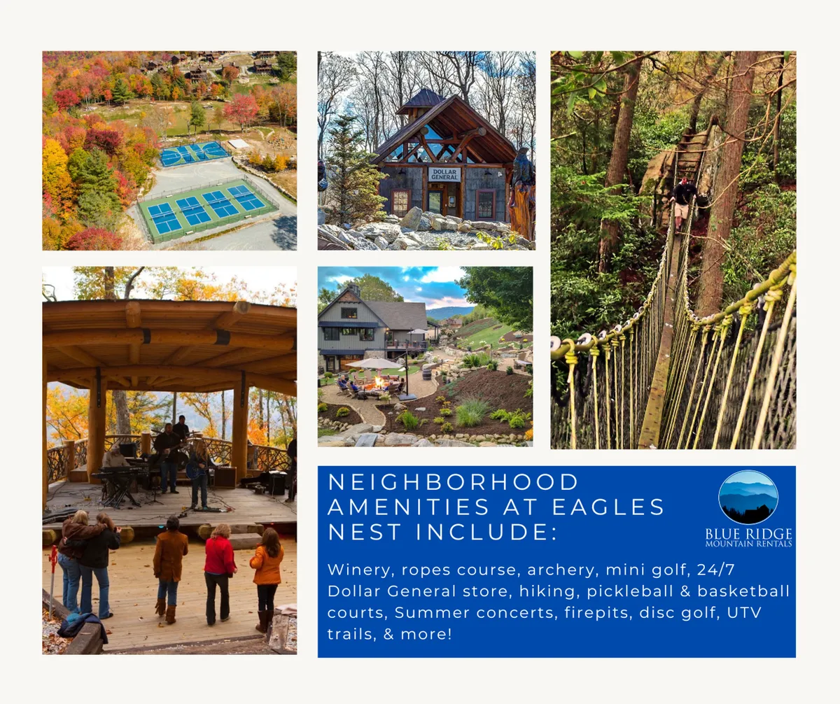 A vibrant exterior scene showcasing the resort's ropes course, archery range, mini golf area, concert stage, and sweeping mountain views. Families and groups are seen enjoying a variety of outdoor activities amidst beautiful natural surroundings and communal gathering spaces.
